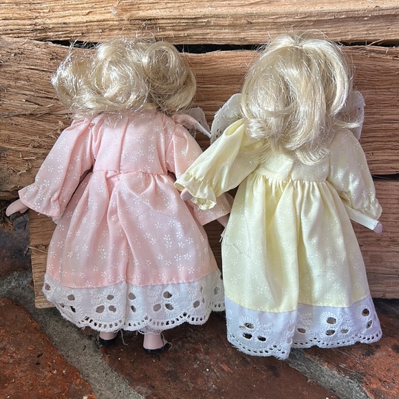 VINTAGE LOT OF 2 PORCELAIN FACE Bisque Dolls 8" YELLOW/PINK DRESSES - Picture 2 of 2